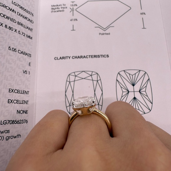5.05 carat E VS1 cushion two toned vintage style lab diamond engagement ring - Picture 8 of 10